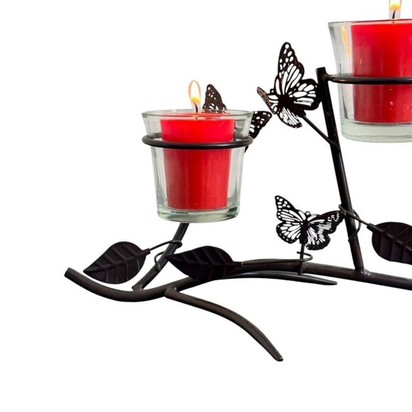 Vintage Rustic Style Butterfly and Leaf 3-Arm Metal Candle Holder 15" Length - Picture 6 of 7